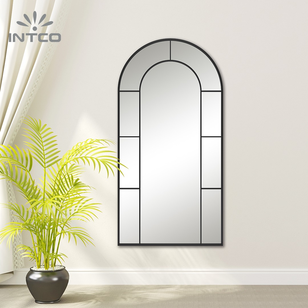 Decorative Arched Top Windowpane Metal Frame Mirror